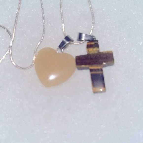 Boho Hippie Tigers Eye Cross and Aventurine Heart Sterling Silver Necklace 18” - Picture 3 of 6